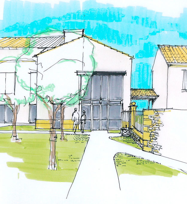 Dessin d'architecture d'une maison avec des arbres et un chemin à Rochefort en Charente-Maritime 17