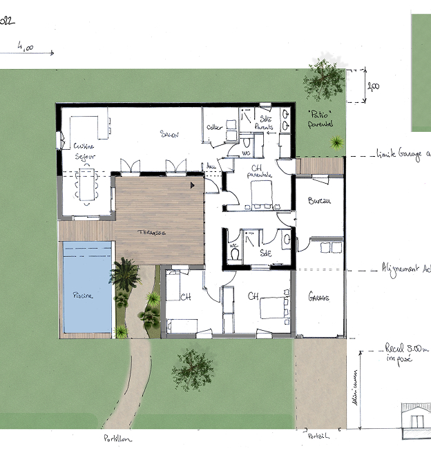 Plan de maison d'architecte avec piscine, jardin, et annotations à Rochefort en Charente-Maritime 17