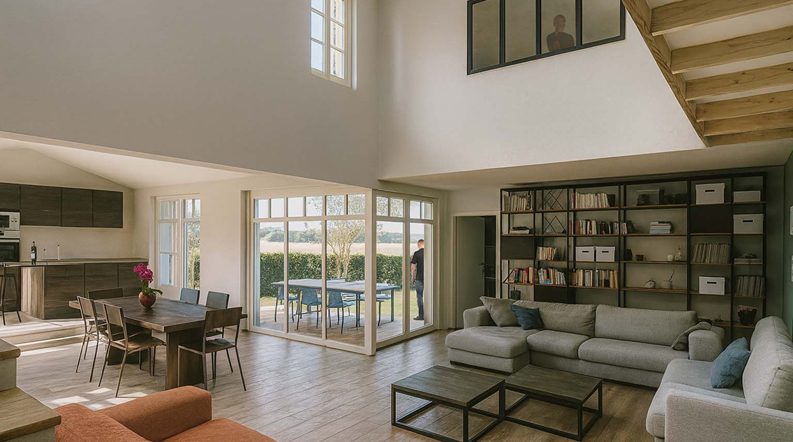 Salon moderne avec salle à manger et cuisine, grandes fenêtres donnant sur un jardin à Rochefort en Charente-Maritime 17