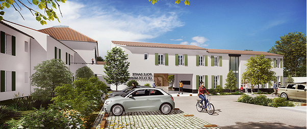 Rendu architectural d'un bâtiment blanc avec des volets verts, des voitures et des personnes à Rochefort en Charente-Maritime 17