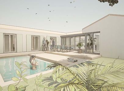 Maison moderne avec piscine, terrasse, personnes et jardin luxuriant à Rochefort en Charente-Maritime 17