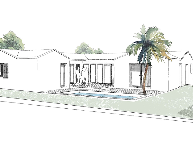 Croquis architectural d'une maison moderne avec piscine et palmier à Rochefort en Charente-Maritime 17