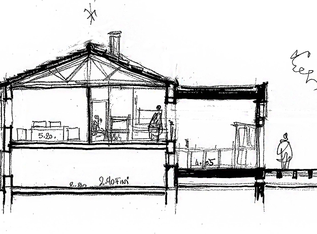 Dessin architectural au trait d'une maison en coupe avec chiffres et figures stylisées à Rochefort en Charente-Maritime 17