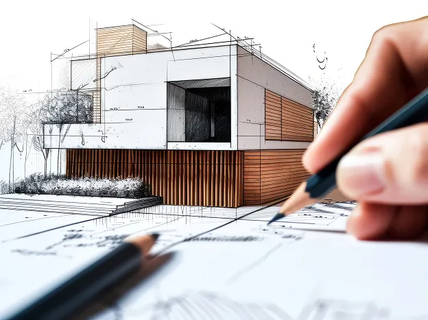 Main dessinant un plan architectural moderne de maison avec des détails en bois à Rochefort en Charente-Maritime 17